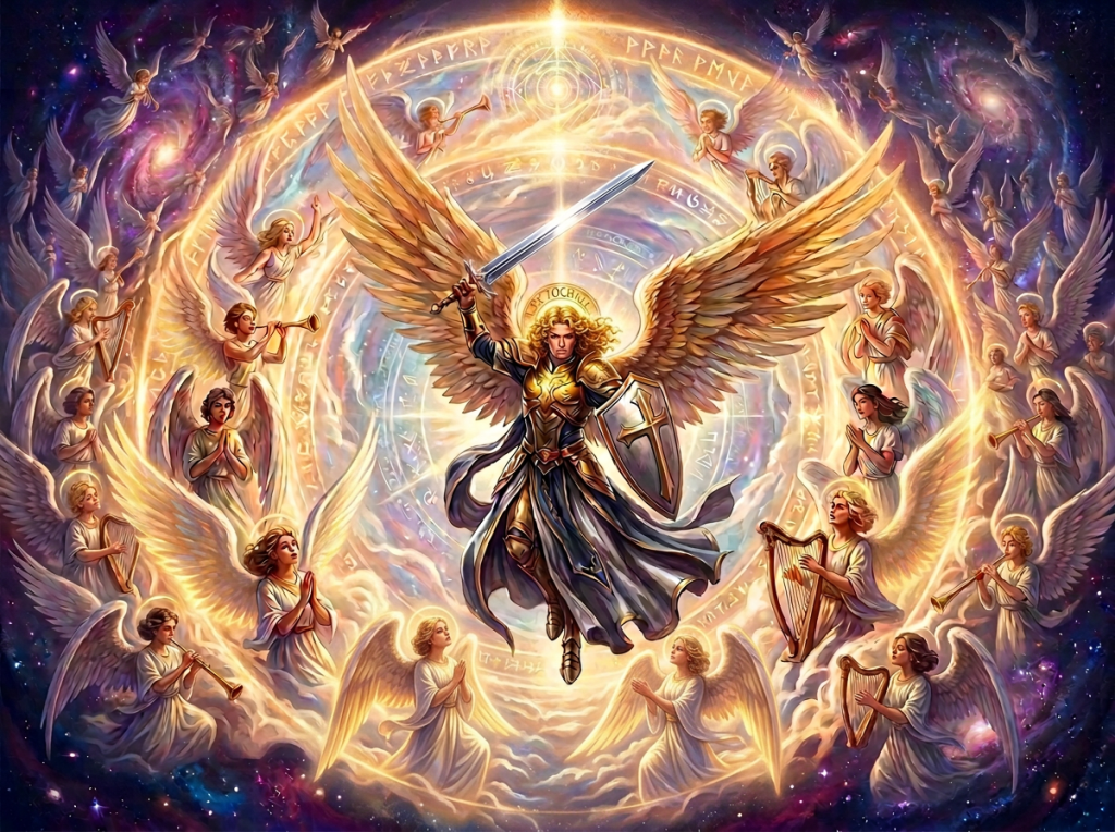 Winged armored guardian with sword and shield surrounded by angels in space