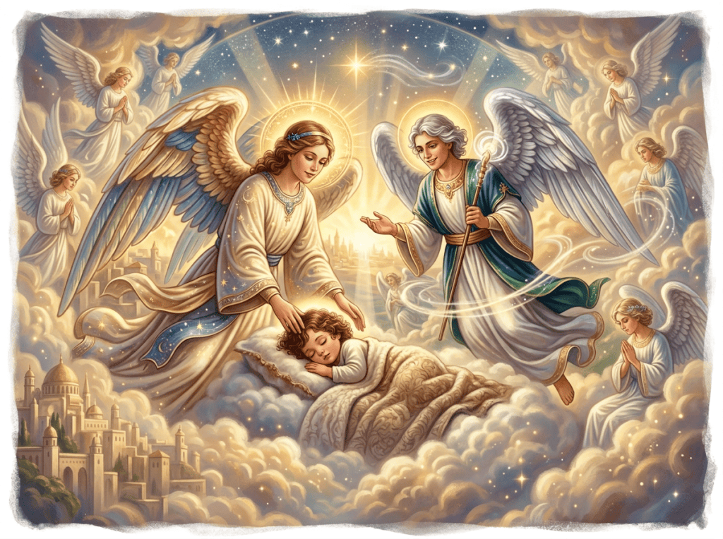 Two guardian angels protect a sleeping child; text reads “LES ANGES GARDIENS GUIDE & PROTECTION.”